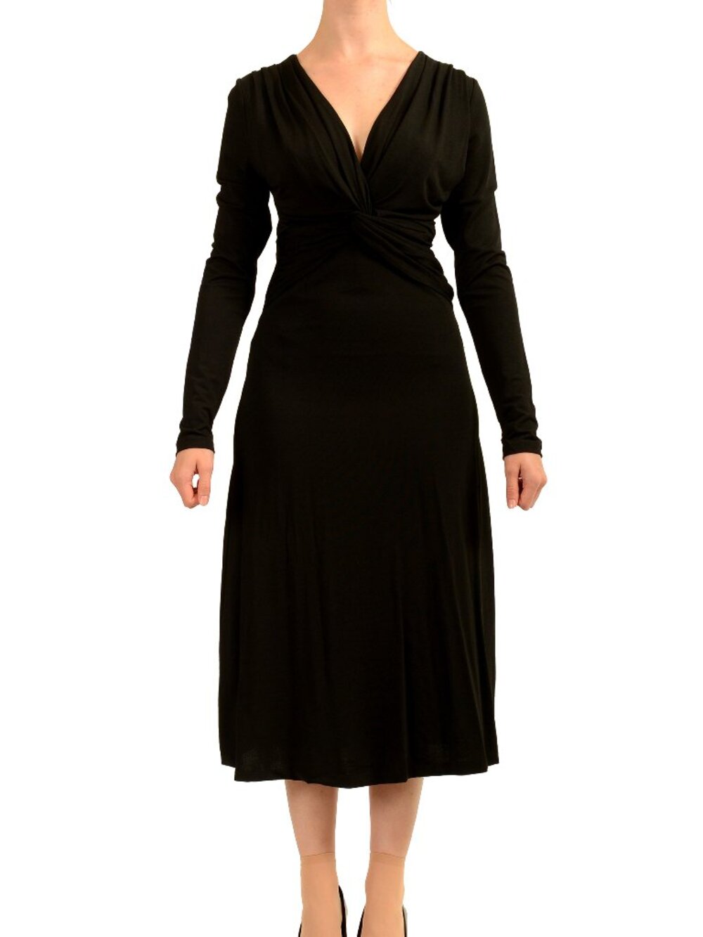 Hugo Boss Women's "Eulo" Black Deep V-Neck Long Sleeve Stretch Dress US S IT 40